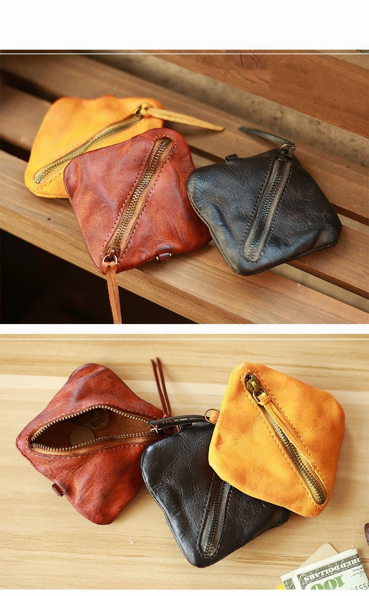 Vintage Slim Red Leather Mens Coin Wallet Zipper Coin Holder Change Pouch For Men