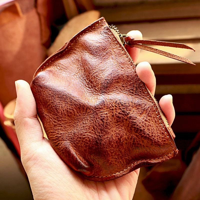 Vintage Slim Red Leather Mens Coin Wallet Zipper Coin Holder Change Pouch For Men