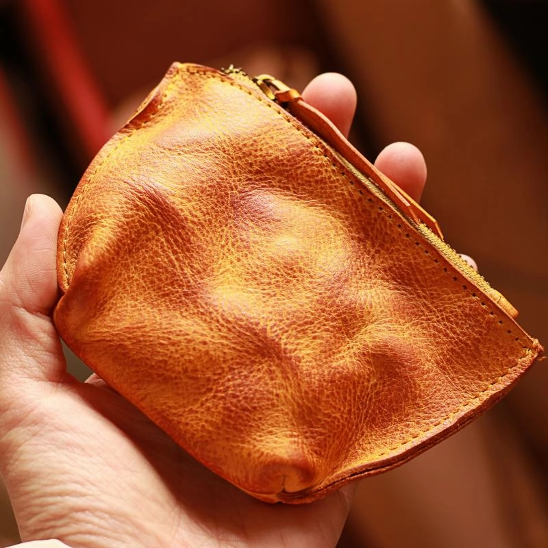 Vintage Slim Red Leather Mens Coin Wallet Zipper Coin Holder Change Pouch For Men