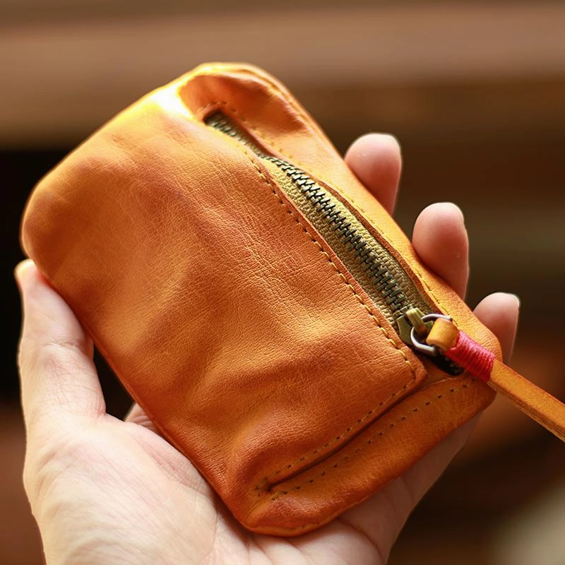 Vintage Slim Red Leather Mens Coin Wallet Zipper Coin Holder Change Pouch For Men