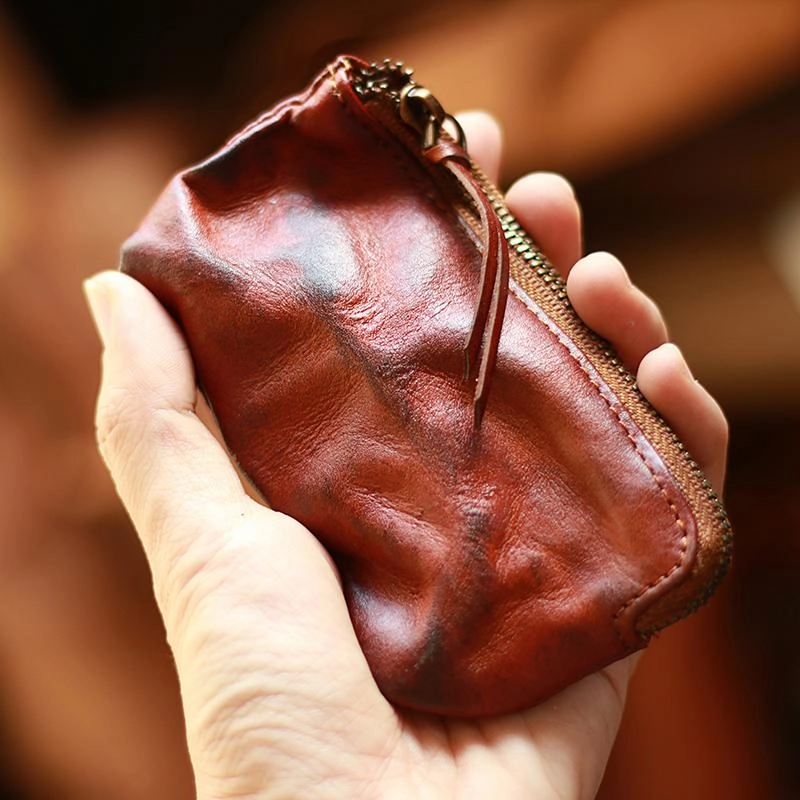 Vintage Slim Red Leather Mens Coin Wallet Zipper Coin Holder Change Pouch For Men