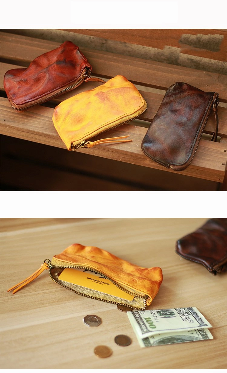 Vintage Slim Red Leather Mens Coin Wallet Zipper Coin Holder Change Pouch For Men