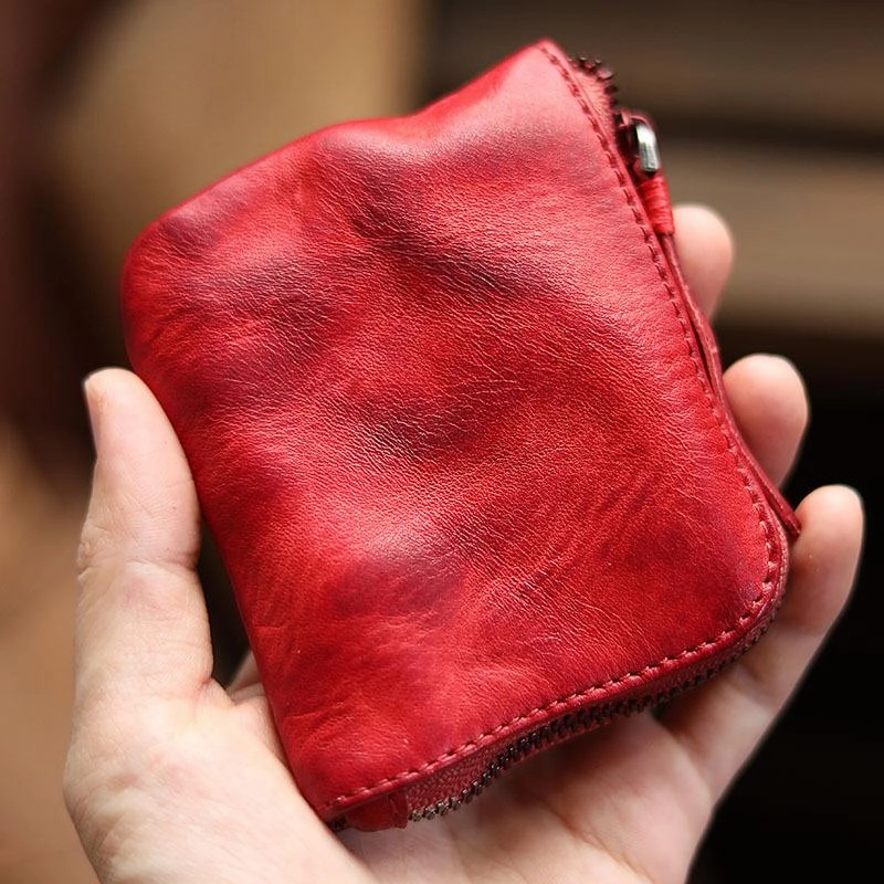 Vintage Slim Red Leather Mens Coin Wallet Zipper Coin Holder Change Pouch For Men
