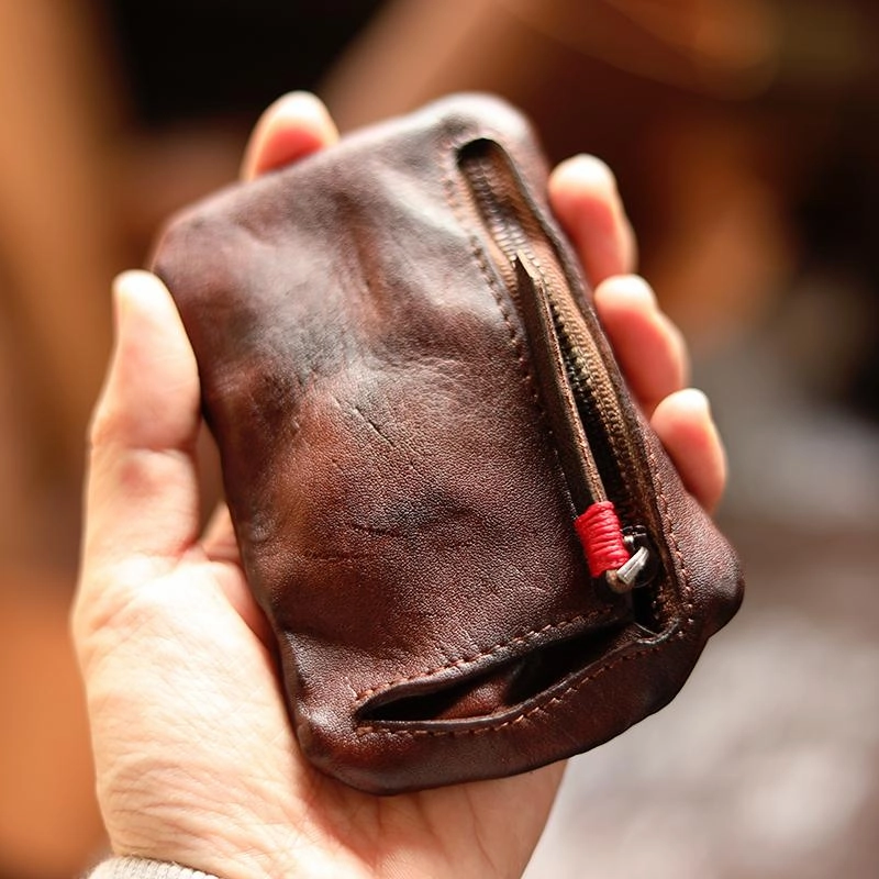 Vintage Slim Red Leather Mens Coin Wallet Zipper Coin Holder Change Pouch For Men