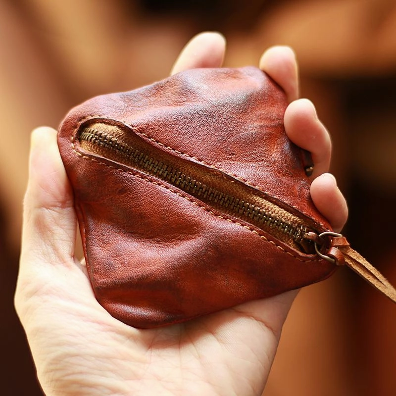 Vintage Slim Red Leather Mens Coin Wallet Zipper Coin Holder Change Pouch For Men
