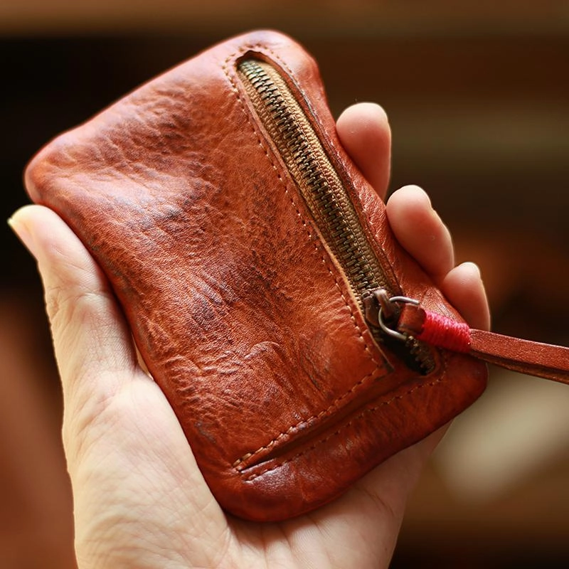 Vintage Slim Tan Leather Mens Coin Wallet Zipper Coin Holder Change Pouch For Men