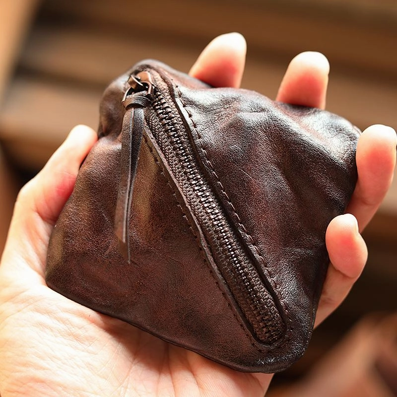 Vintage Slim Tan Leather Mens Coin Wallet Zipper Coin Holder Change Pouch For Men