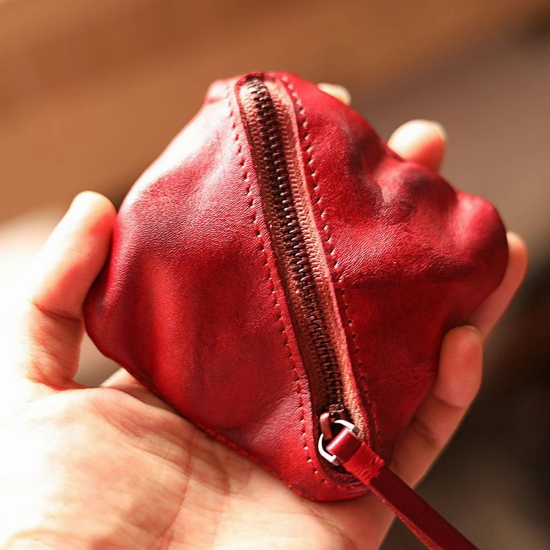 Vintage Slim Tan Leather Mens Coin Wallet Zipper Coin Holder Change Pouch For Men