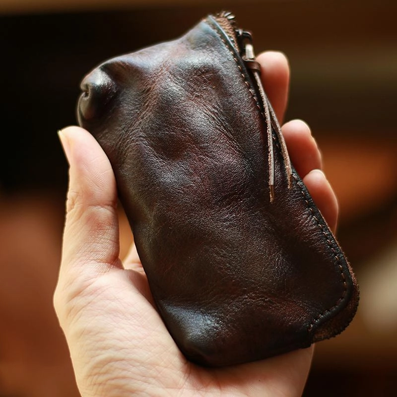 Vintage Slim Tan Leather Mens Coin Wallet Zipper Coin Holder Change Pouch For Men