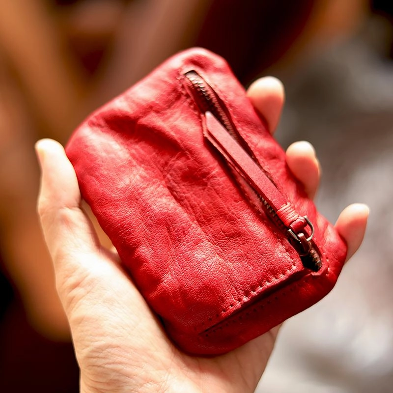 Vintage Slim Tan Leather Mens Coin Wallet Zipper Coin Holder Change Pouch For Men