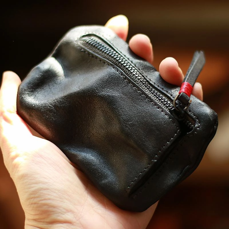 Vintage Slim Tan Leather Mens Coin Wallet Zipper Coin Holder Change Pouch For Men