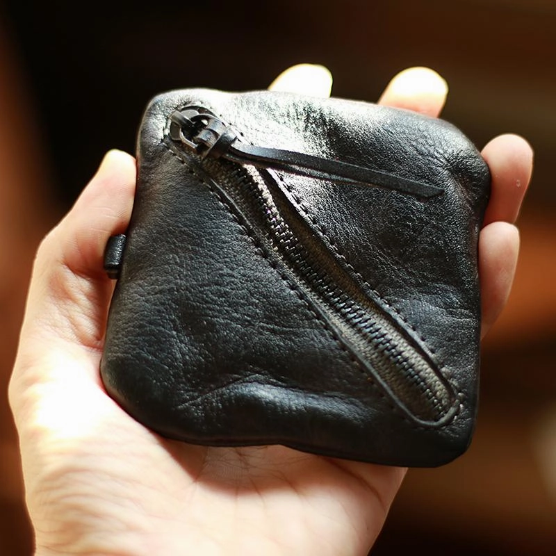 Vintage Slim Tan Leather Mens Coin Wallet Zipper Coin Holder Change Pouch For Men