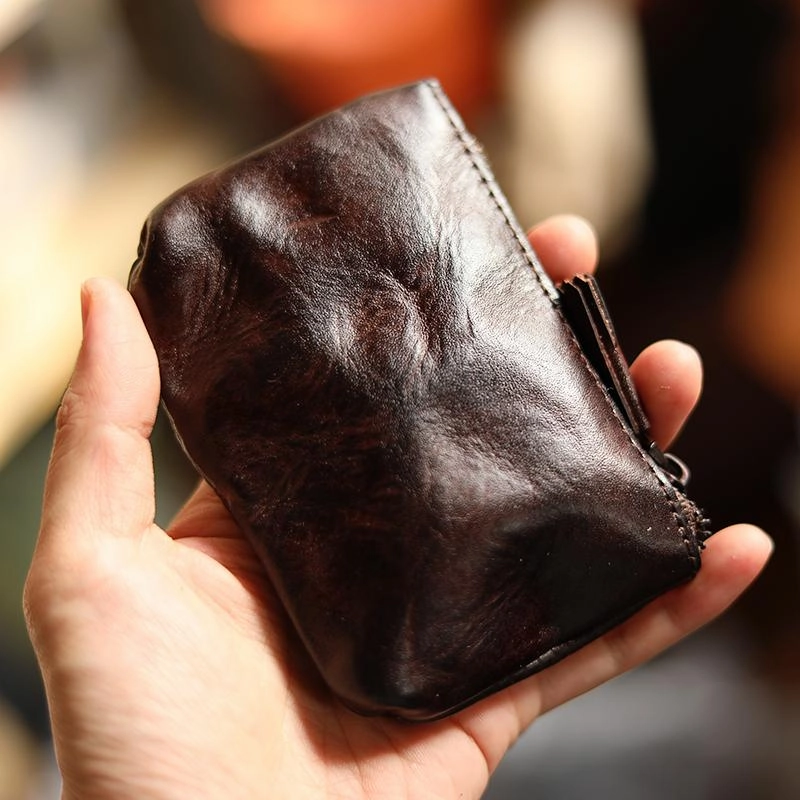 Vintage Slim Tan Leather Mens Coin Wallet Zipper Coin Holder Change Pouch For Men