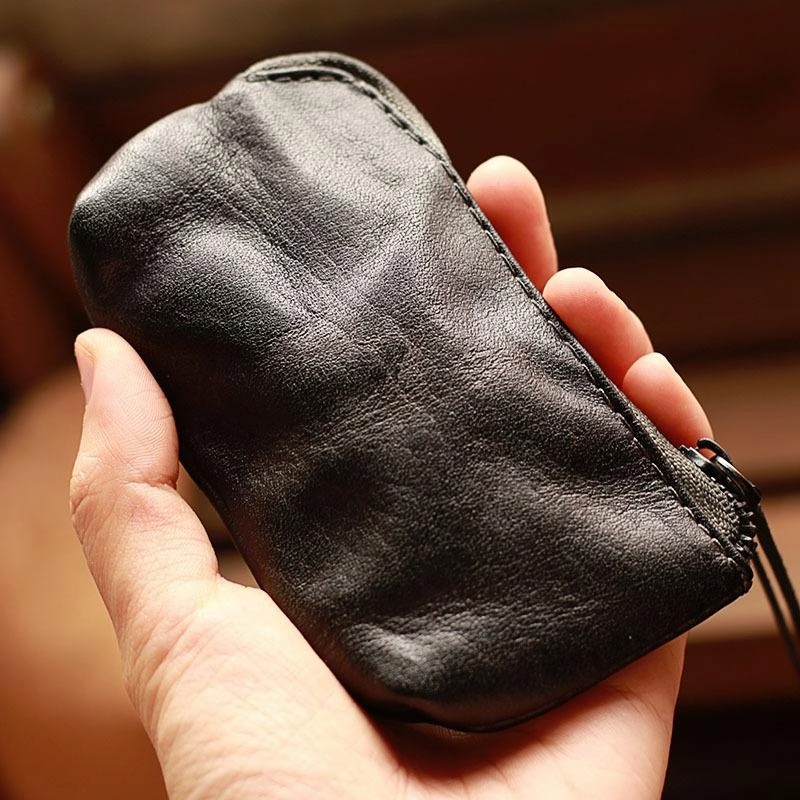 Vintage Slim Tan Leather Mens Coin Wallet Zipper Coin Holder Change Pouch For Men