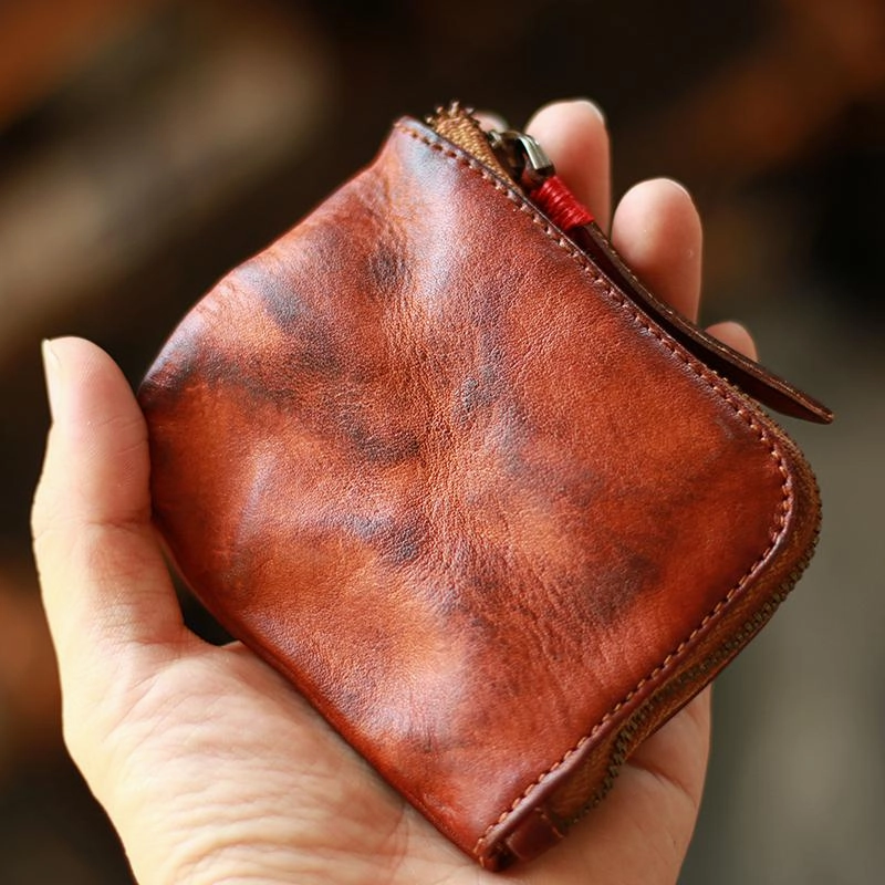 Vintage Slim Tan Leather Mens Coin Wallet Zipper Coin Holder Change Pouch For Men