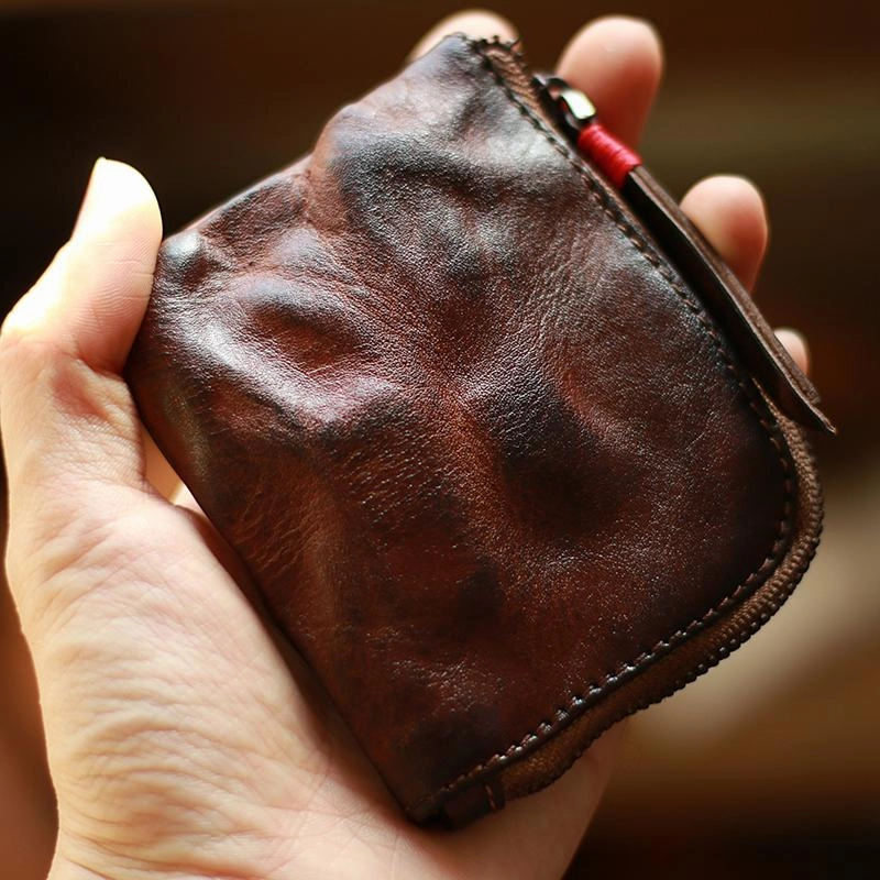 Vintage Slim Tan Leather Mens Coin Wallet Zipper Coin Holder Change Pouch For Men