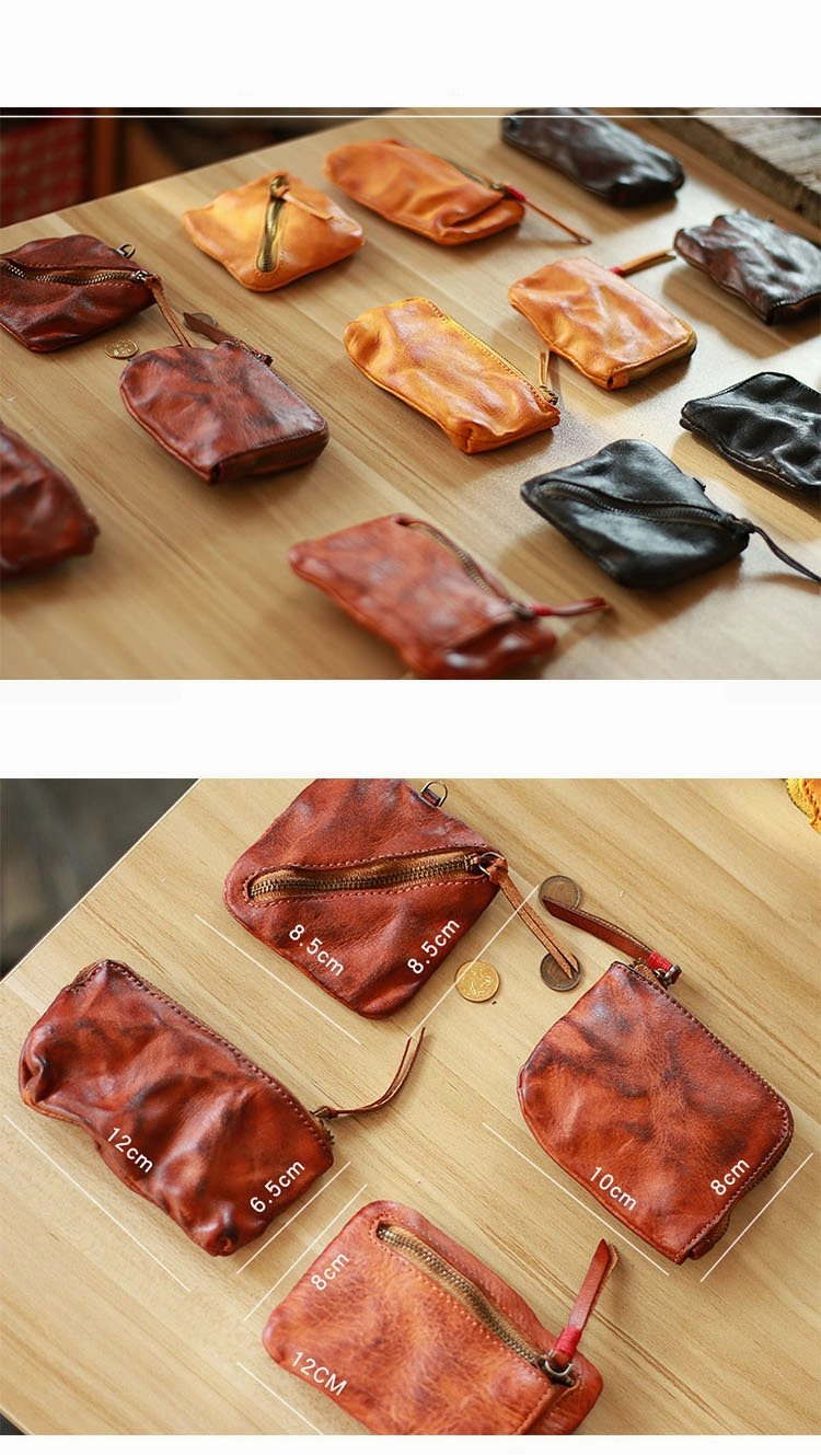 Vintage Slim Tan Leather Mens Coin Wallet Zipper Coin Holder Change Pouch For Men