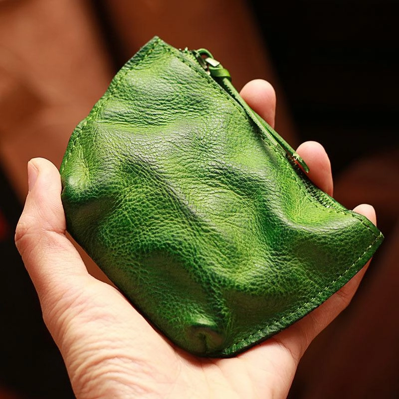 Vintage Slim Tan Leather Mens Coin Wallet Zipper Coin Holder Change Pouch For Men