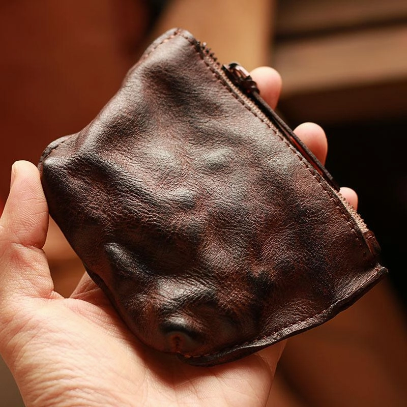 Vintage Slim Tan Leather Mens Coin Wallet Zipper Coin Holder Change Pouch For Men