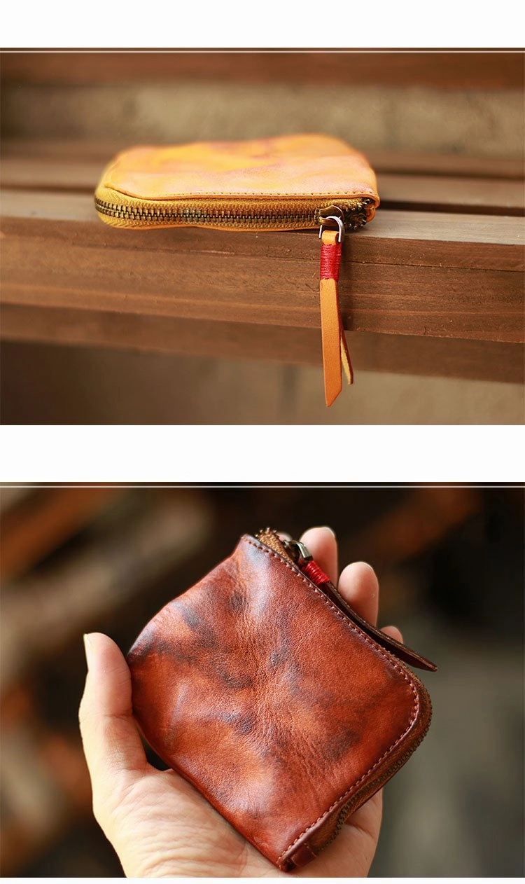 Vintage Slim Tan Leather Mens Coin Wallet Zipper Coin Holder Change Pouch For Men