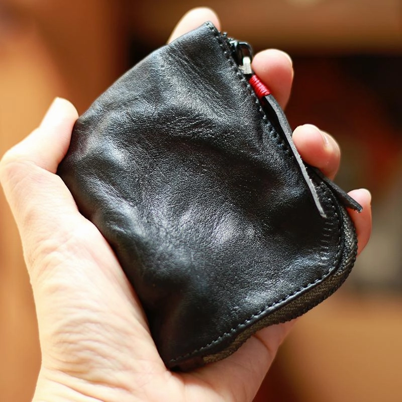 Vintage Slim Tan Leather Mens Coin Wallet Zipper Coin Holder Change Pouch For Men