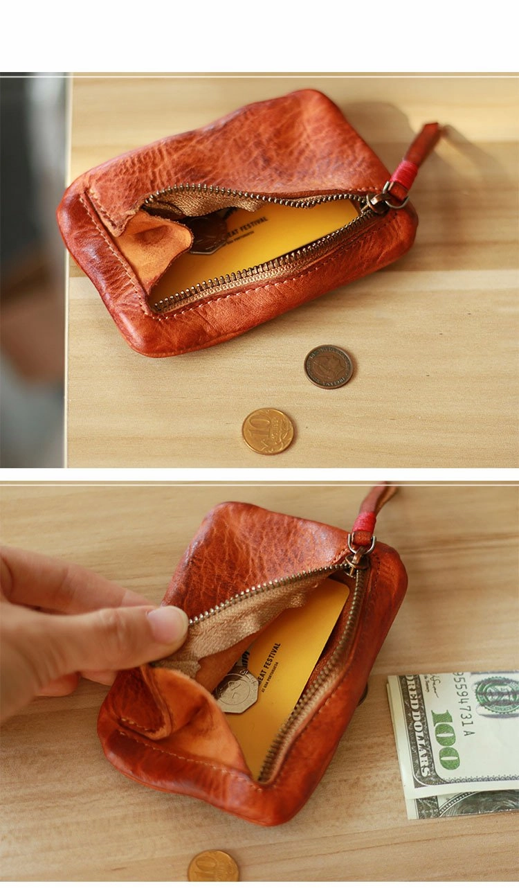 Vintage Slim Tan Leather Mens Coin Wallet Zipper Coin Holder Change Pouch For Men