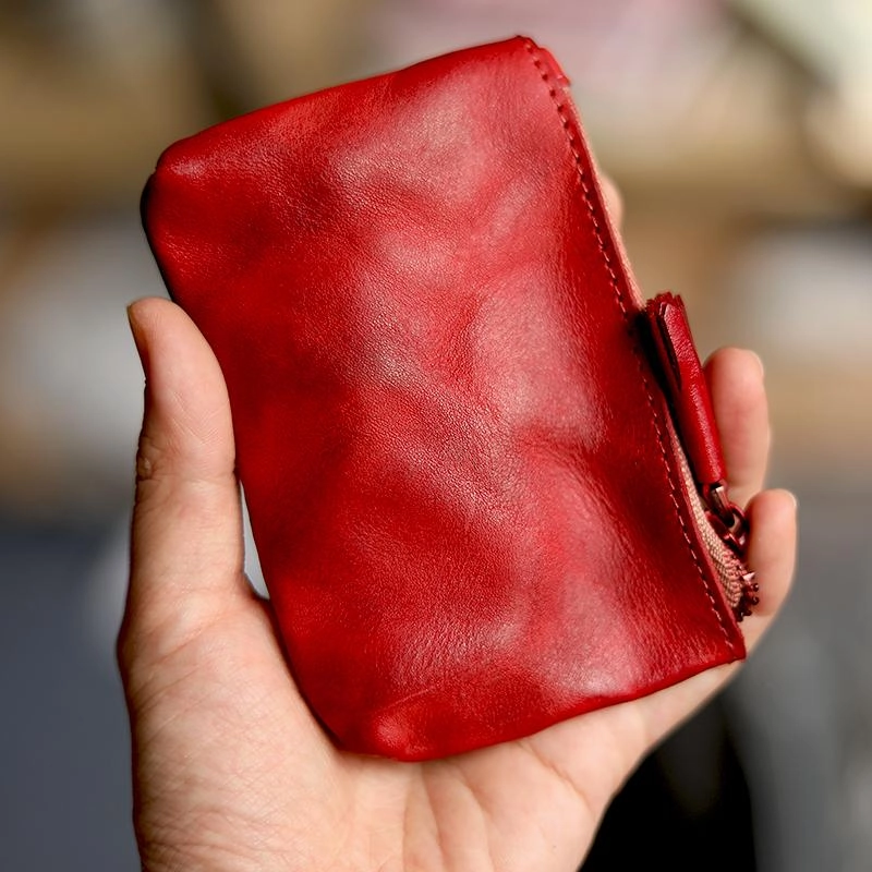 Vintage Slim Tan Leather Mens Coin Wallet Zipper Coin Holder Change Pouch For Men