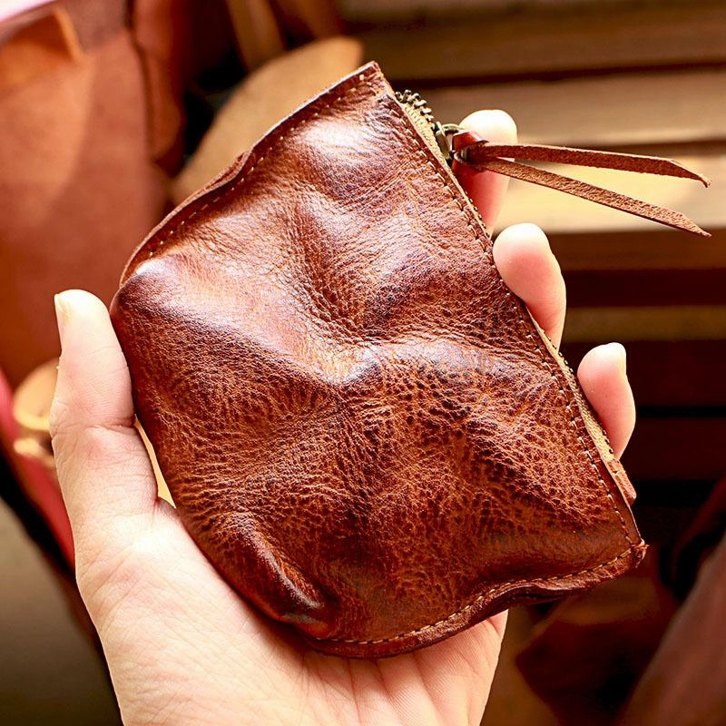 Vintage Slim Tan Leather Mens Coin Wallet Zipper Coin Holder Change Pouch For Men