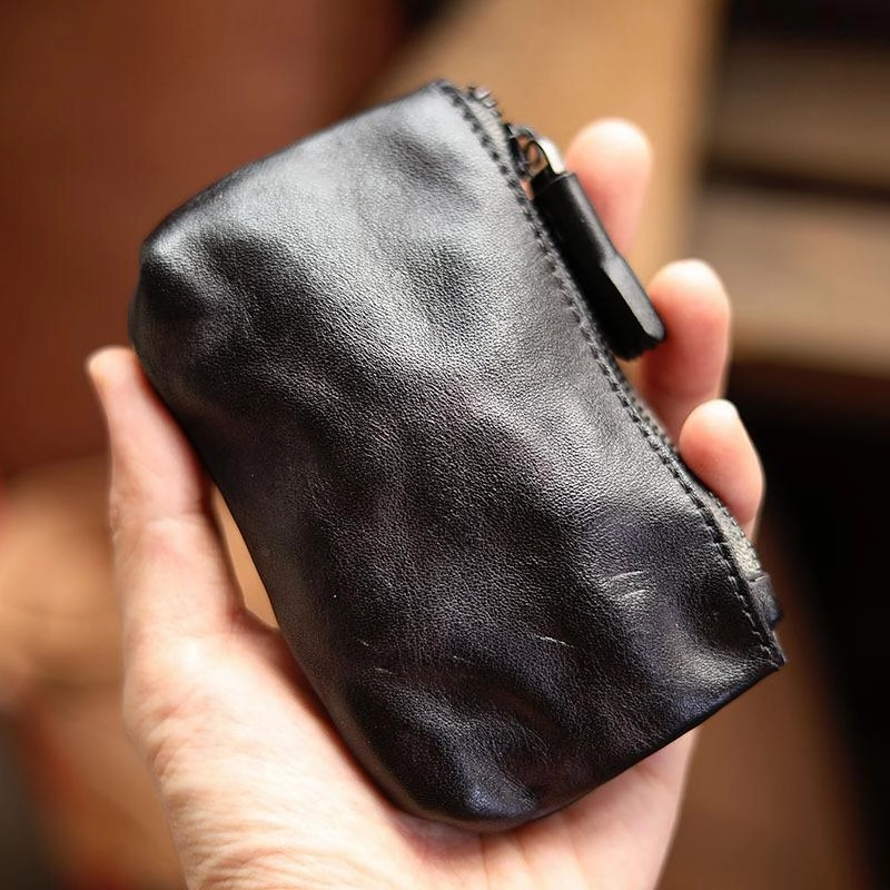 Vintage Slim Tan Leather Mens Coin Wallet Zipper Coin Holder Change Pouch For Men