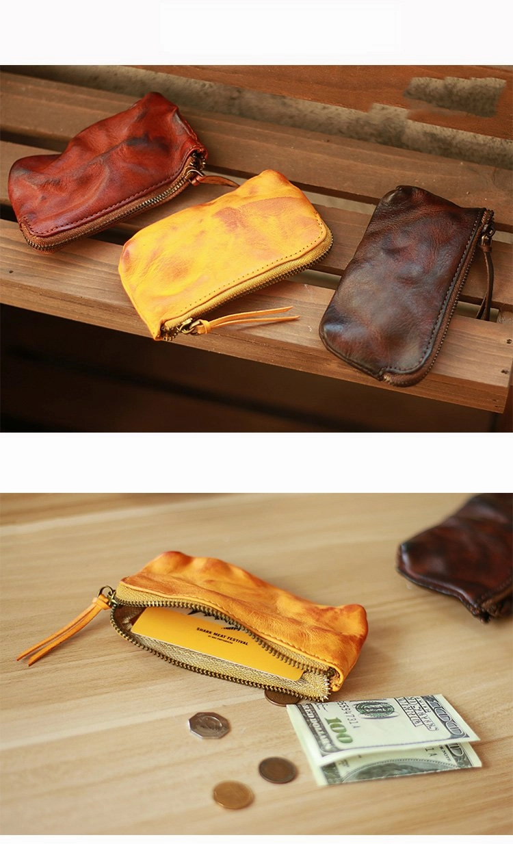 Vintage Slim Tan Leather Mens Coin Wallet Zipper Coin Holder Change Pouch For Men
