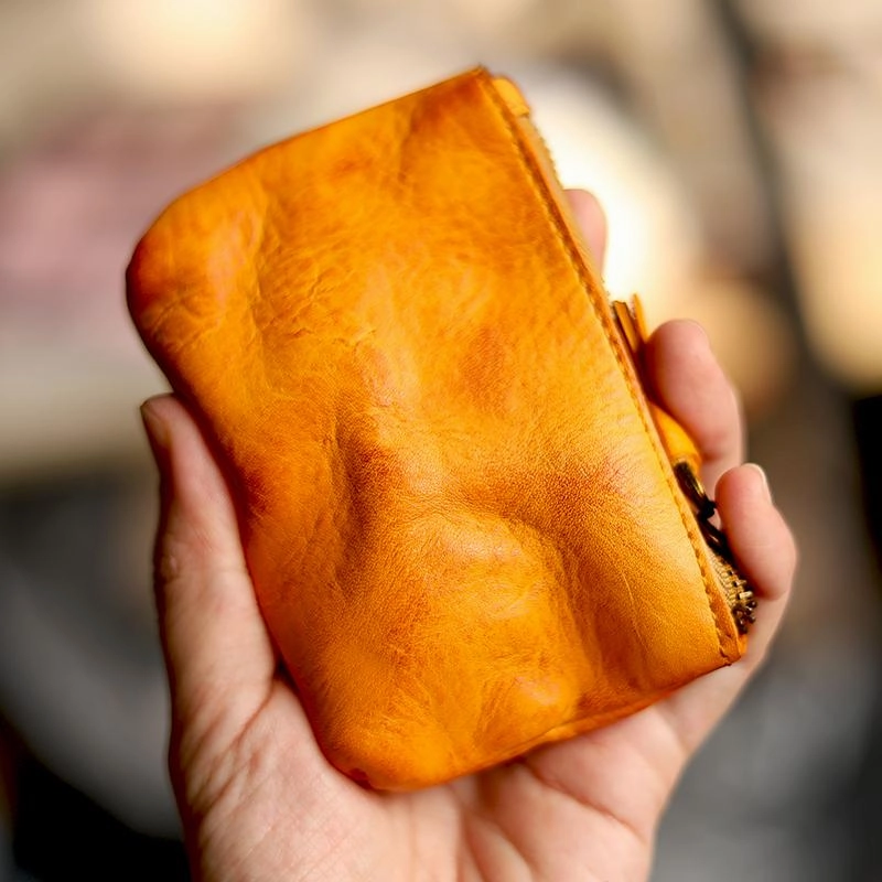 Vintage Slim Tan Leather Mens Coin Wallet Zipper Coin Holder Change Pouch For Men