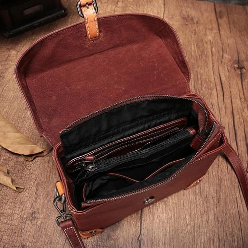 Vintage Women Red Brown Leather Doctor Purse Box Satchel Handbag Shoulder Crossbody Bags Purses