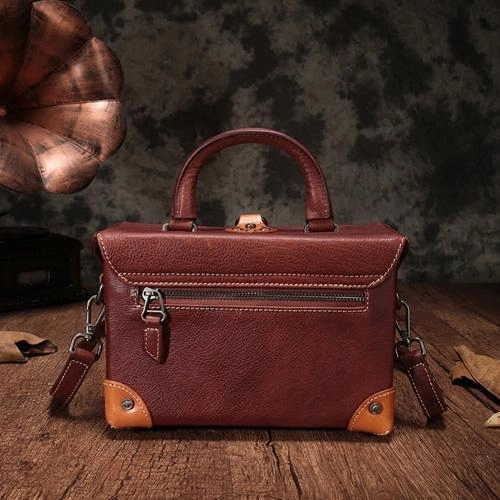Vintage Women Red Brown Leather Doctor Purse Box Satchel Handbag Shoulder Crossbody Bags Purses