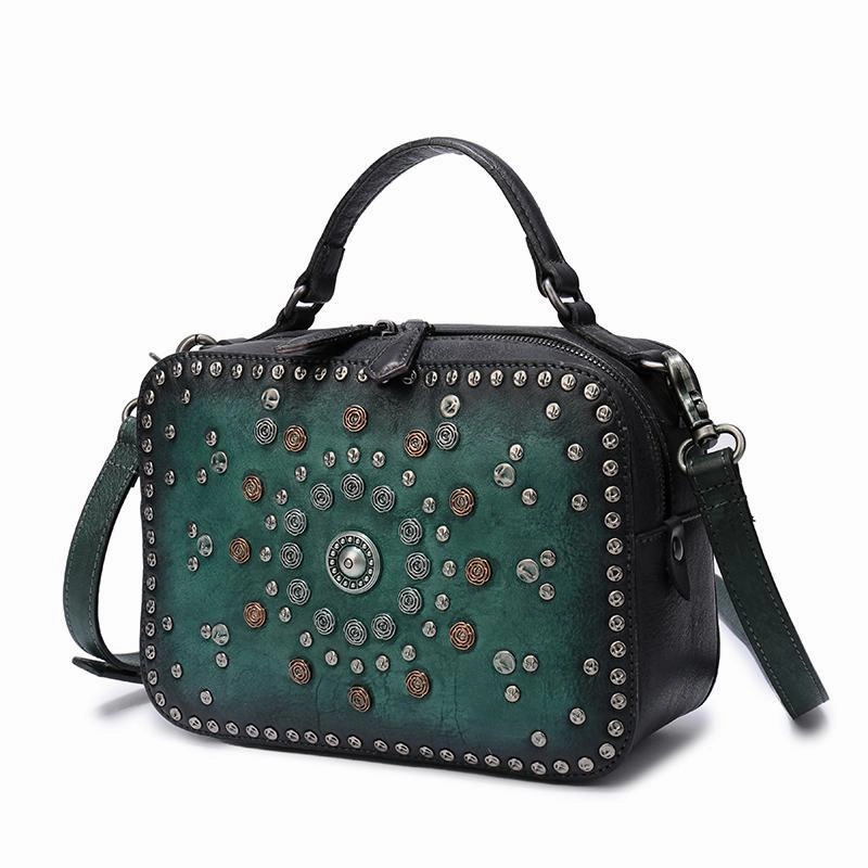 Vintage Womens Brown Leather Handbag Purse Cube Rivet Shoulder Handbag Crossbody Bags