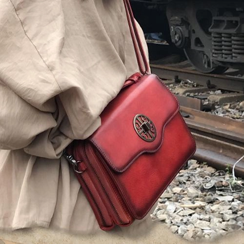 Vintage Womens Brown Leather Satchel Crossbody Bag Small Vintage Style Shoulder Bags for Ladies