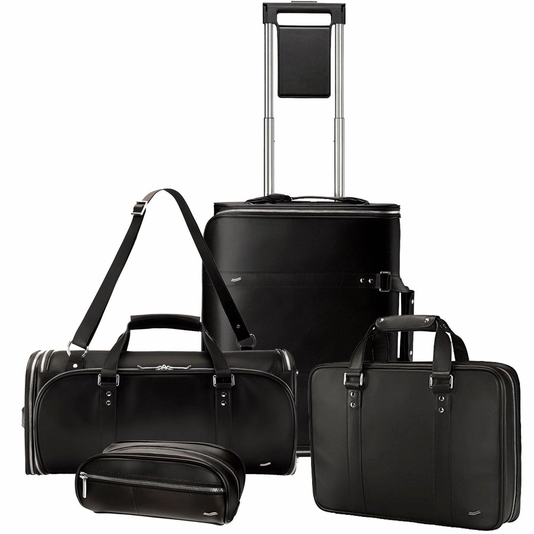 Vocier 4-Piece Travel Set Zero Crease System, Leather Travel Bag, Leather Briefcase & Dopp Kit