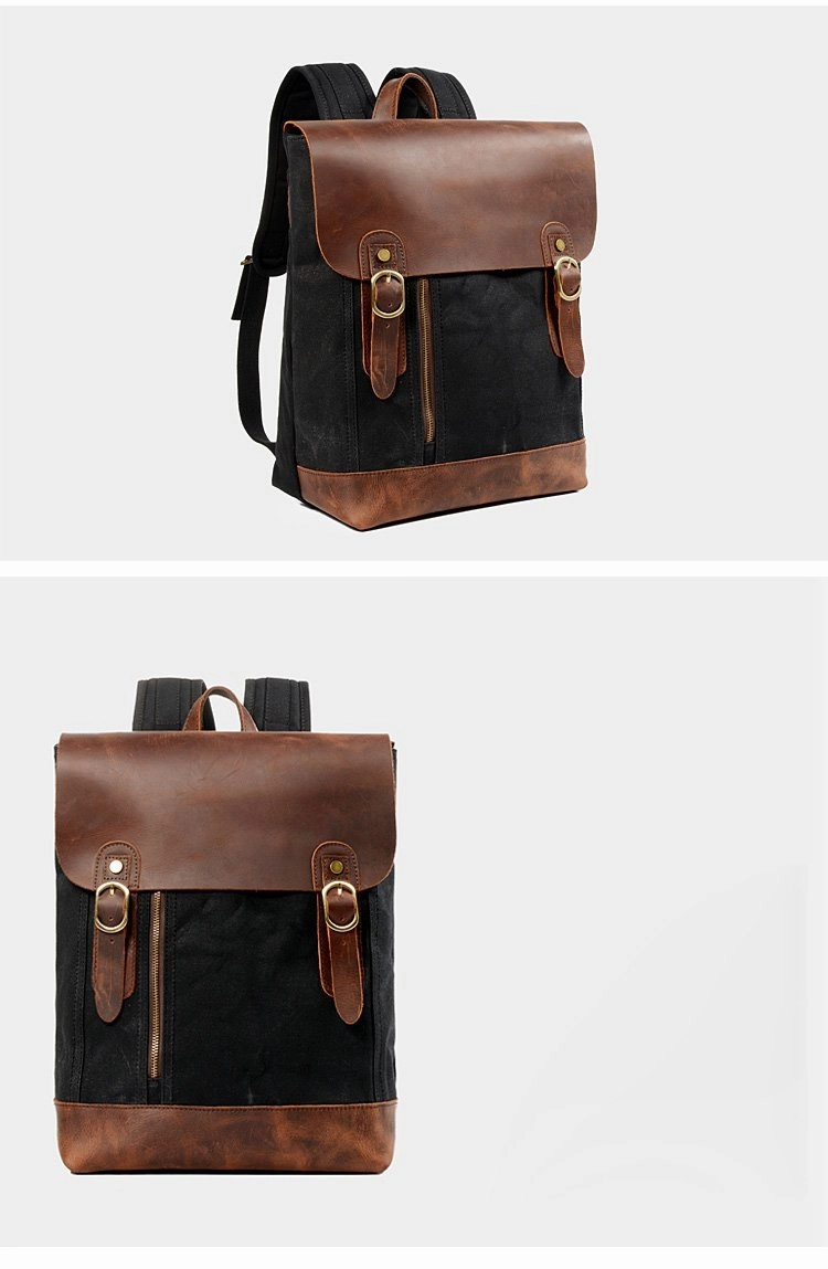 Waxed Canvas Leather Mens 14'' Waterproof Black School Backpack Green Travel Backpack for Men