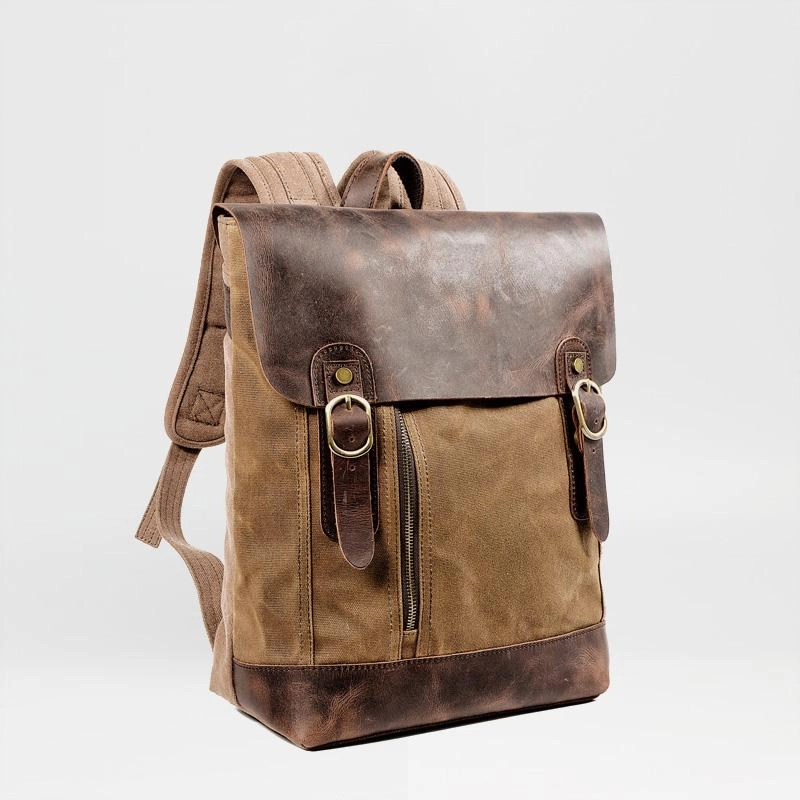 Waxed Canvas Leather Mens 14'' Waterproof Black School Backpack Green Travel Backpack for Men