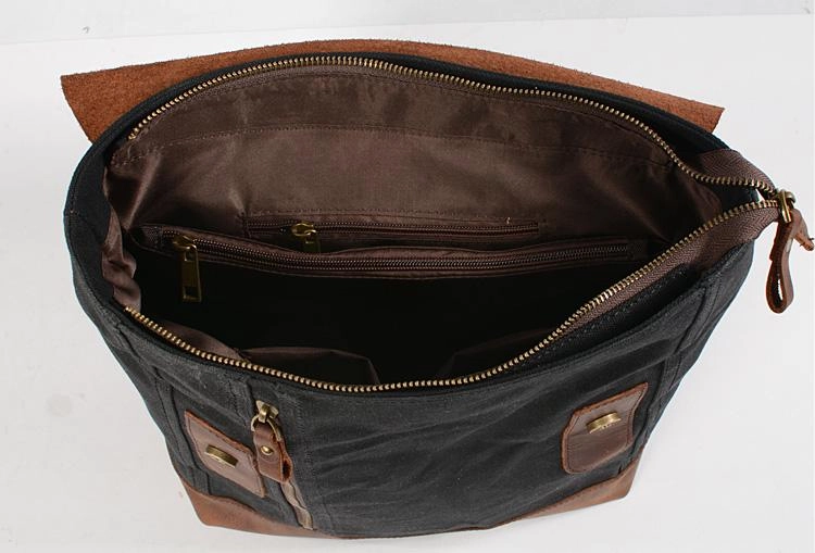 Waxed Canvas Leather Mens 14'' Waterproof Black School Backpack Green Travel Backpack for Men