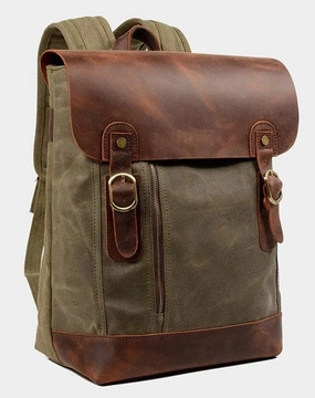 Waxed Canvas Leather Mens 14'' Waterproof Black School Backpack Green Travel Backpack for Men
