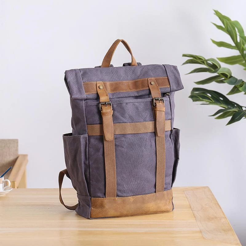 Waxed Canvas Leather Mens 15???? Gray College Backpack Travel Backpack Hiking Backpack for Men