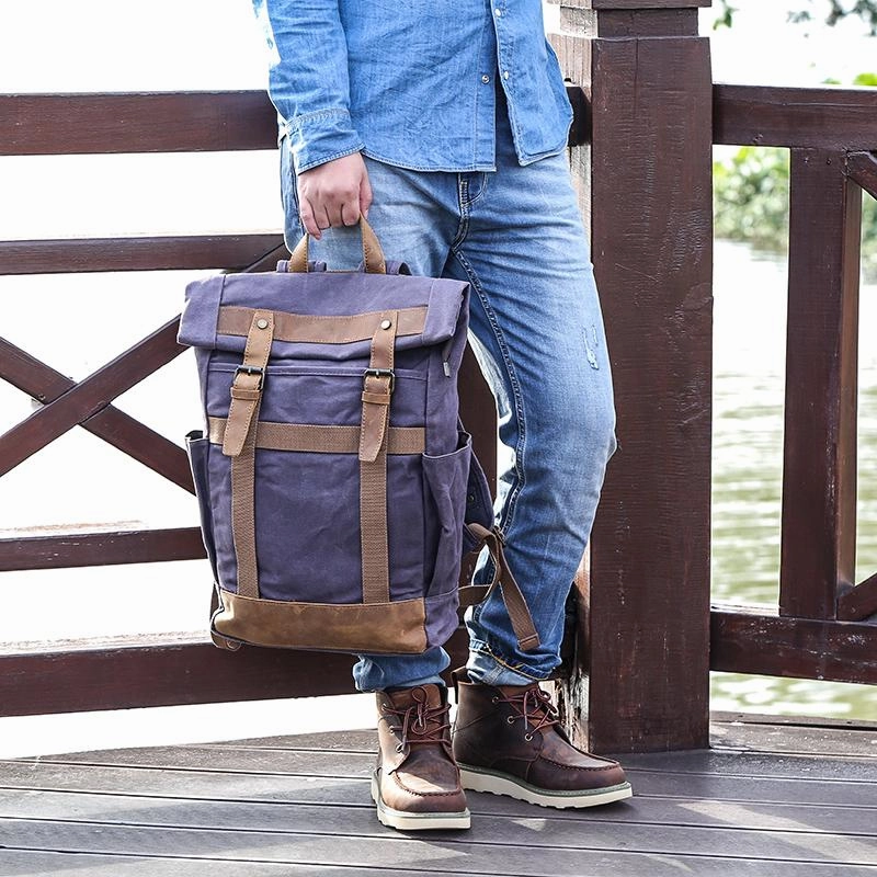 Waxed Canvas Leather Mens 15???? Gray College Backpack Travel Backpack Hiking Backpack for Men