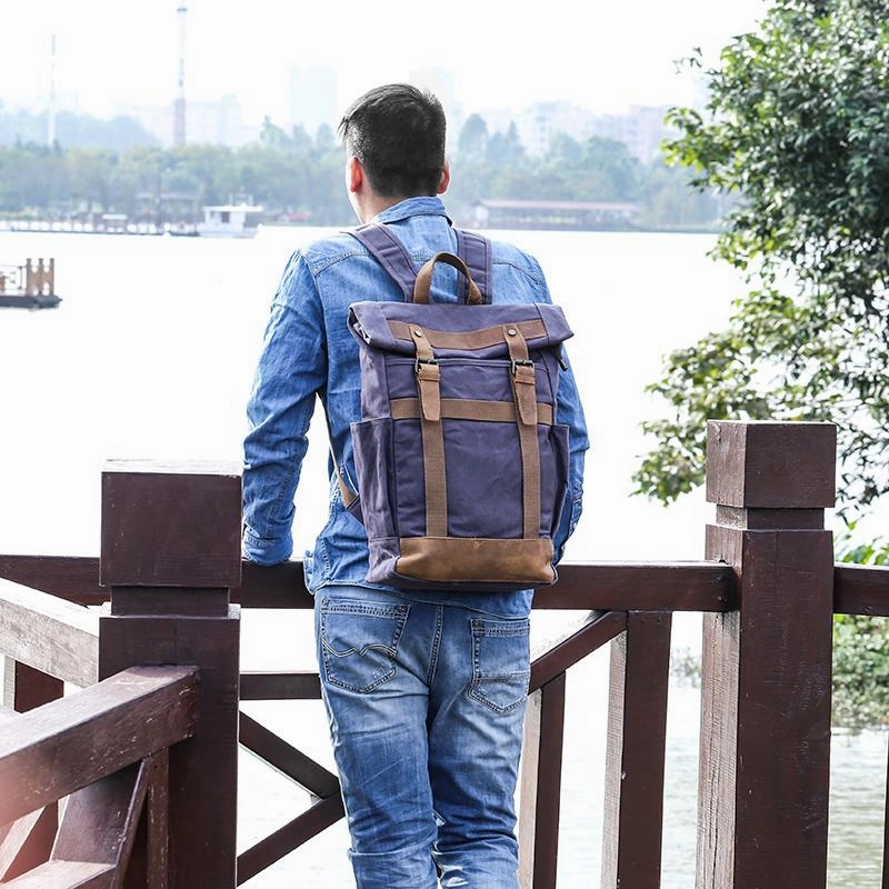 Waxed Canvas Leather Mens 15???? Gray College Backpack Travel Backpack Hiking Backpack for Men