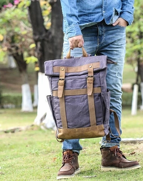 Waxed Canvas Leather Mens 15???? Gray College Backpack Travel Backpack Hiking Backpack for Men