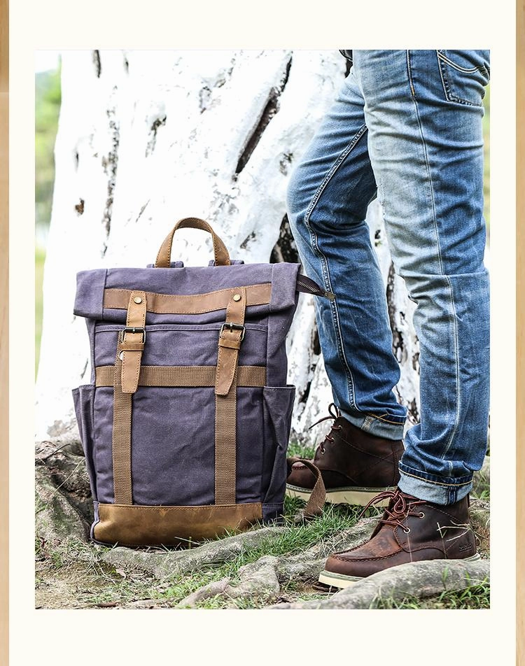 Waxed Canvas Leather Mens 15???? Gray College Backpack Travel Backpack Hiking Backpack for Men