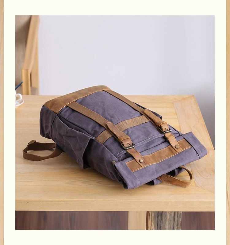 Waxed Canvas Leather Mens 15???? Gray College Backpack Travel Backpack Hiking Backpack for Men