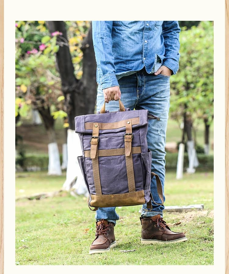 Waxed Canvas Leather Mens 15???? Gray College Backpack Travel Backpack Hiking Backpack for Men