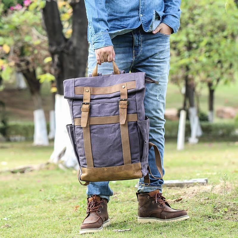 Waxed Canvas Leather Mens 15???? Gray College Backpack Travel Backpack Hiking Backpack for Men