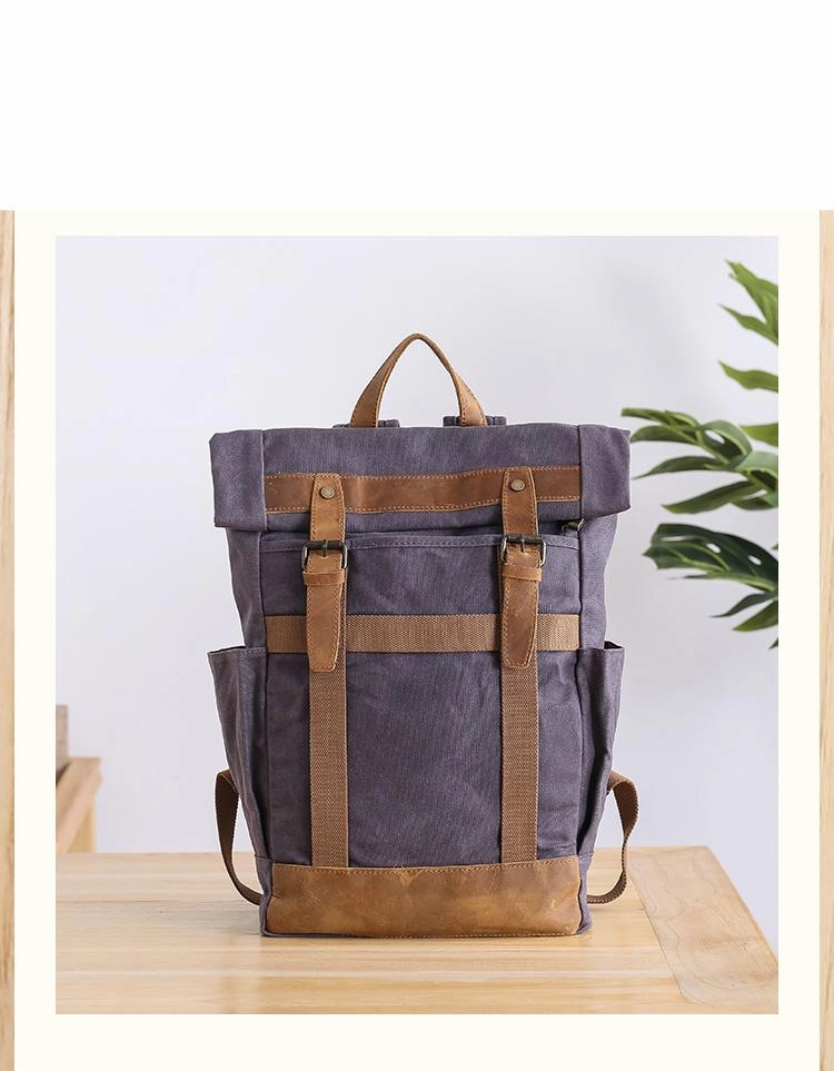 Waxed Canvas Leather Mens 15???? Gray College Backpack Travel Backpack Hiking Backpack for Men
