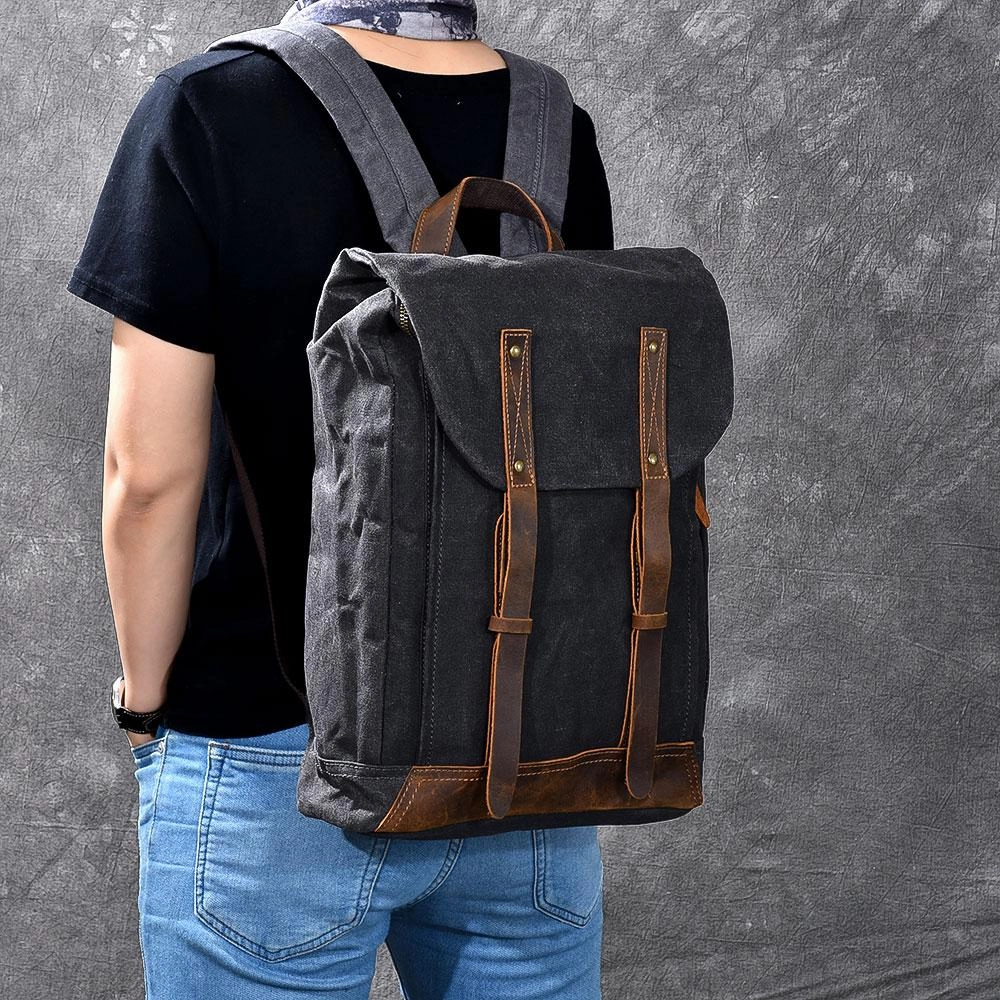 Waxed Canvas Leather Mens 15" Gray Computer Backpack Brown Travel Backpack College Backpack for Men